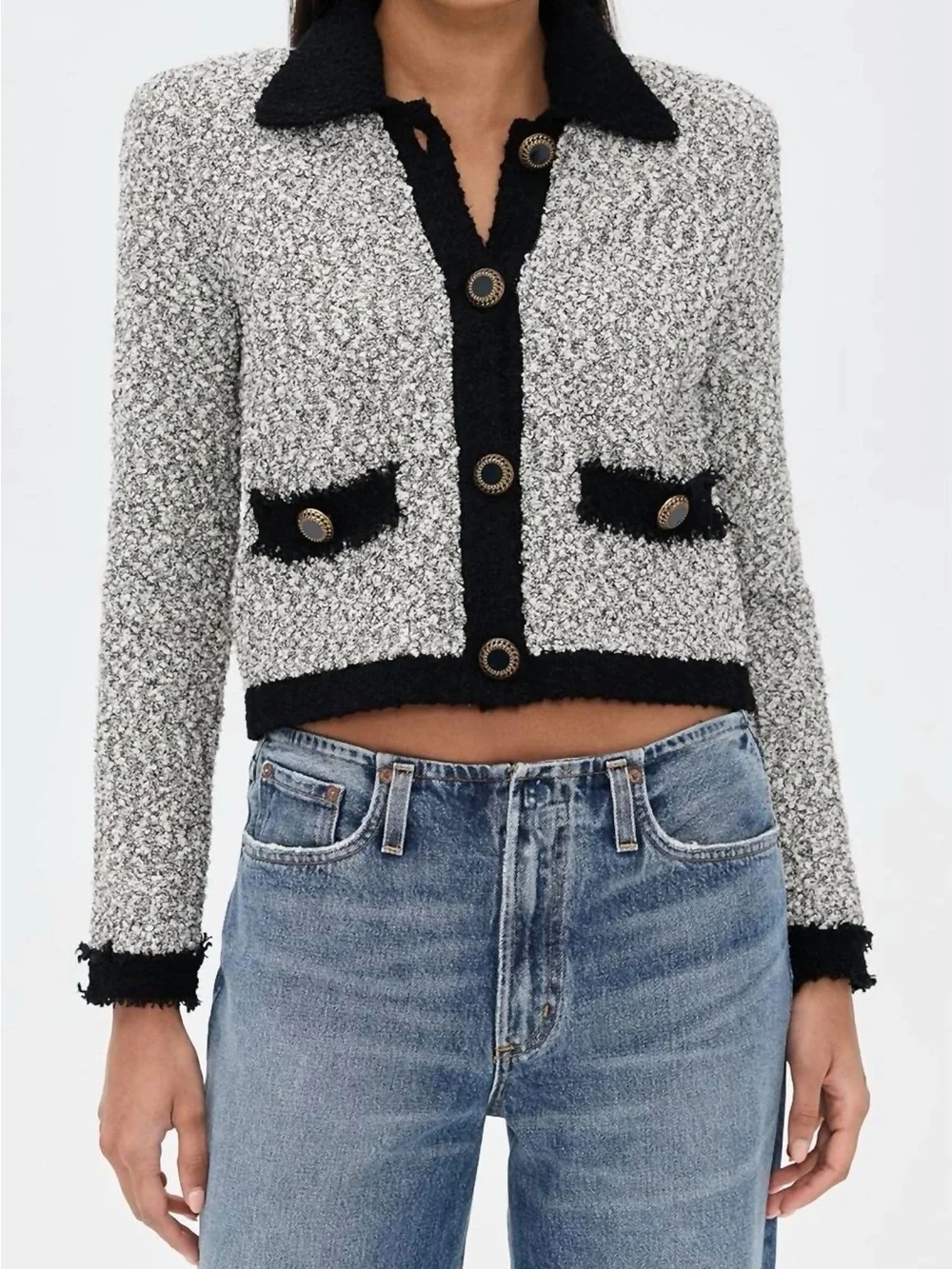L’AGENCE Arielle Tweed Bouclé Jacket White Black Gold Buttons Designer